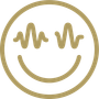 Gold smiley face with wavy eyes inside a circle on a white background