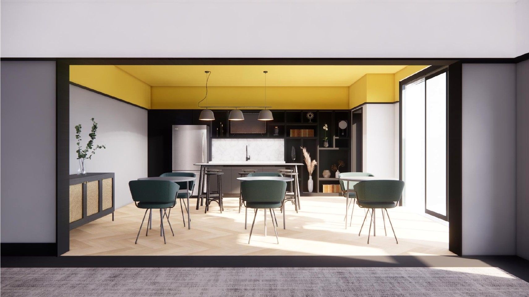 Modern open-plan kitchen and dining room with yellow ceiling, wood table, and teal chairs flooded with sunlight