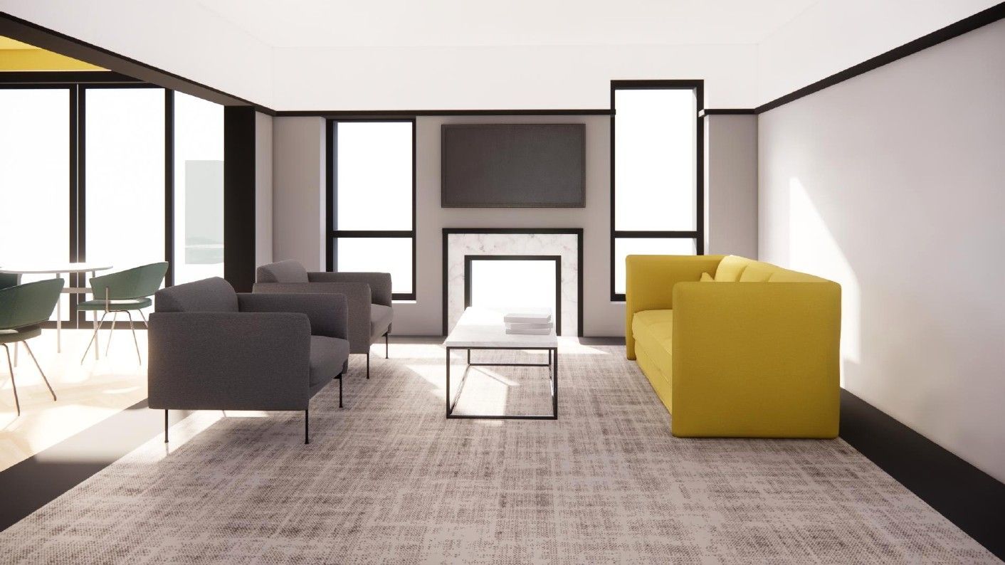 Modern living room with gray and yellow sofas, glass coffee table, and large windows by a fireplace