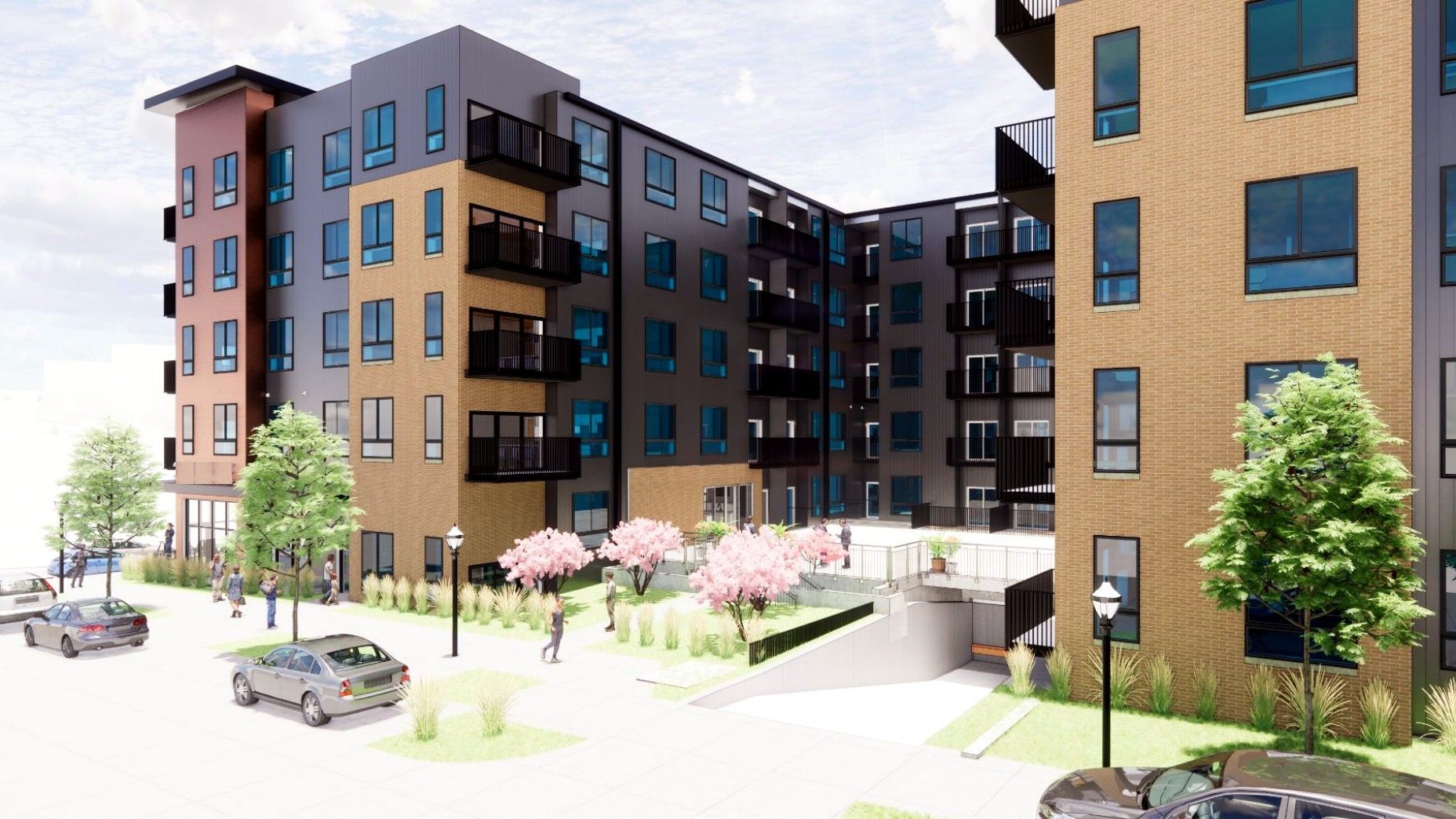 Modern apartment buildings with parked cars, trees, and a sunny courtyard walkway