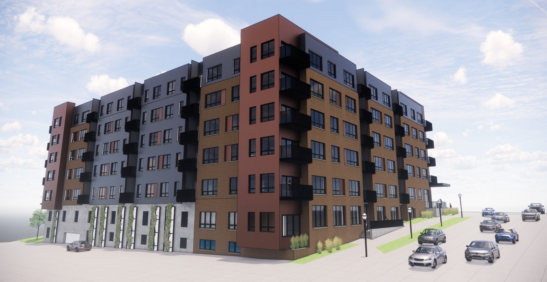 Modern multi-story apartment building with brown and gray фасade, parked cars, and a cloudy sky
