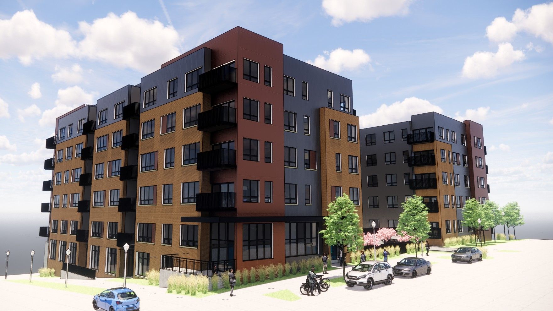 Modern apartment buildings with balconies, parked cars, and trees on a sunny street
