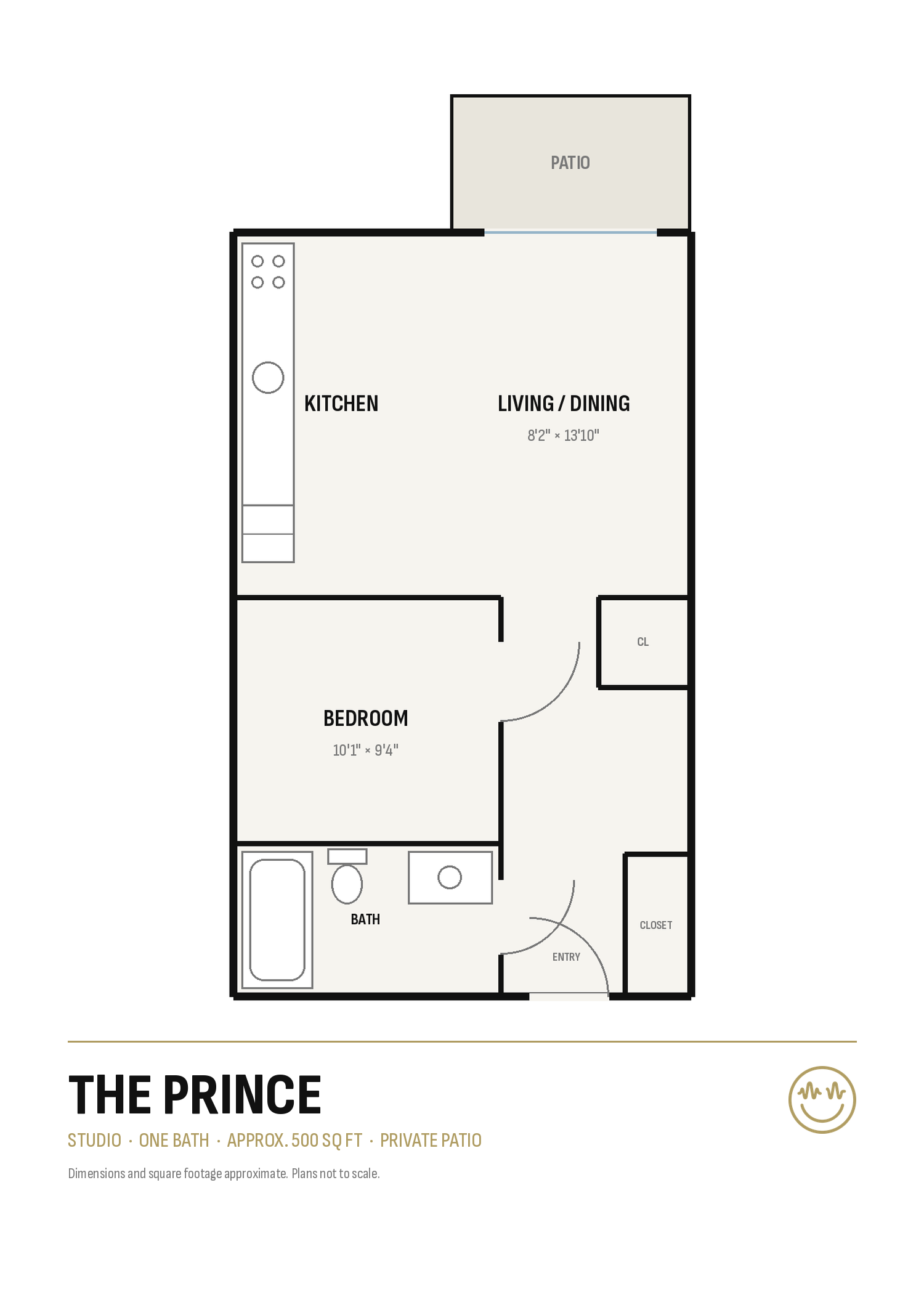 Floor plan of a compact apartment labeled “THE PRINCE,” showing rooms, bath, and balcony.