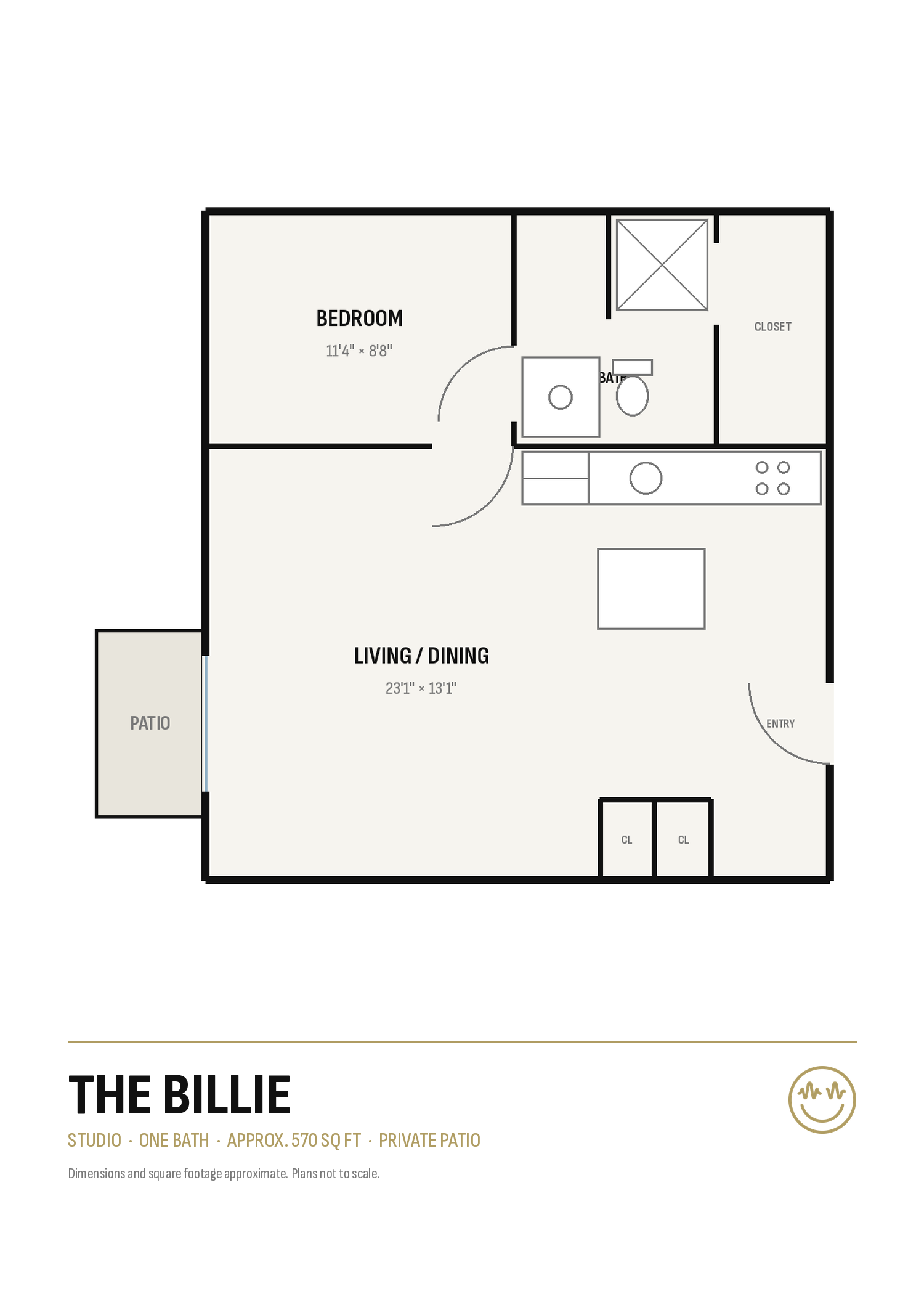 Apartment floor plan labeled “THE BILLIE” with rooms, kitchen, bath, and entry layout.