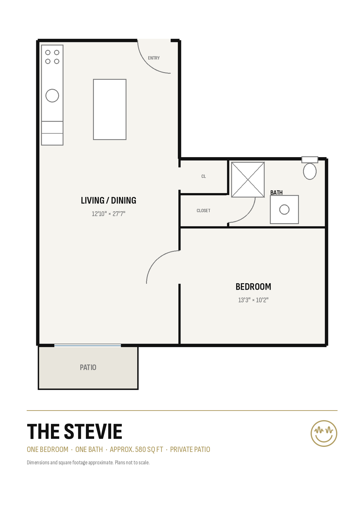 Black-and-white apartment floor plan with labeled rooms and a small logo at the bottom.
