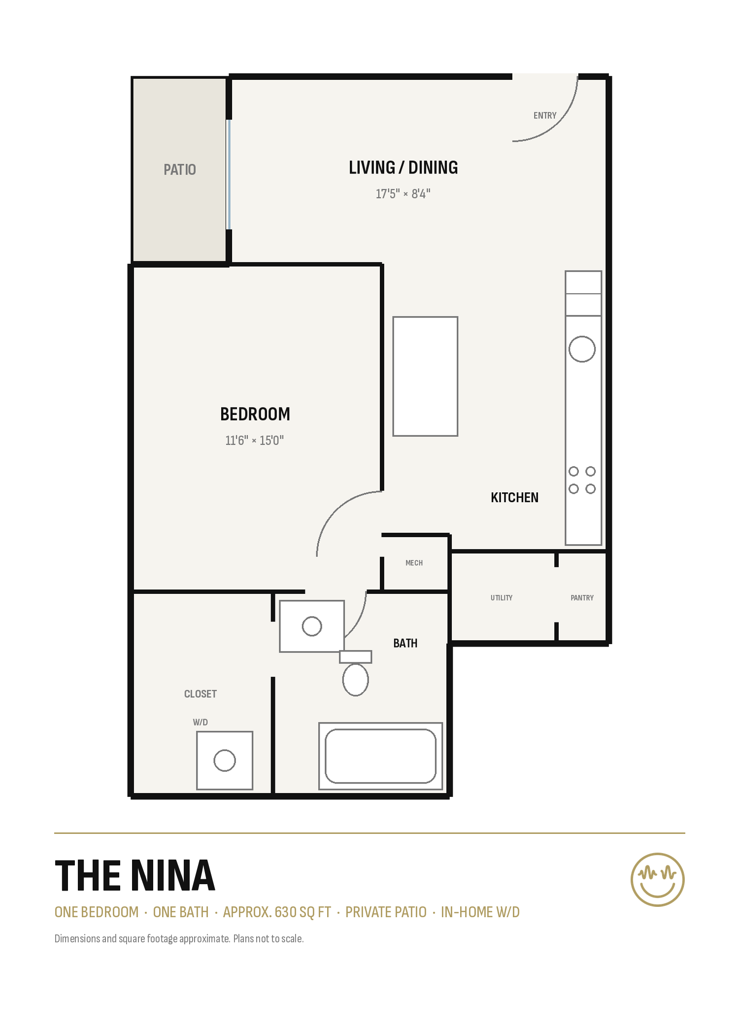 Floor plan of a one-bedroom apartment labeled “THE NINA,” with room layouts and measurements.