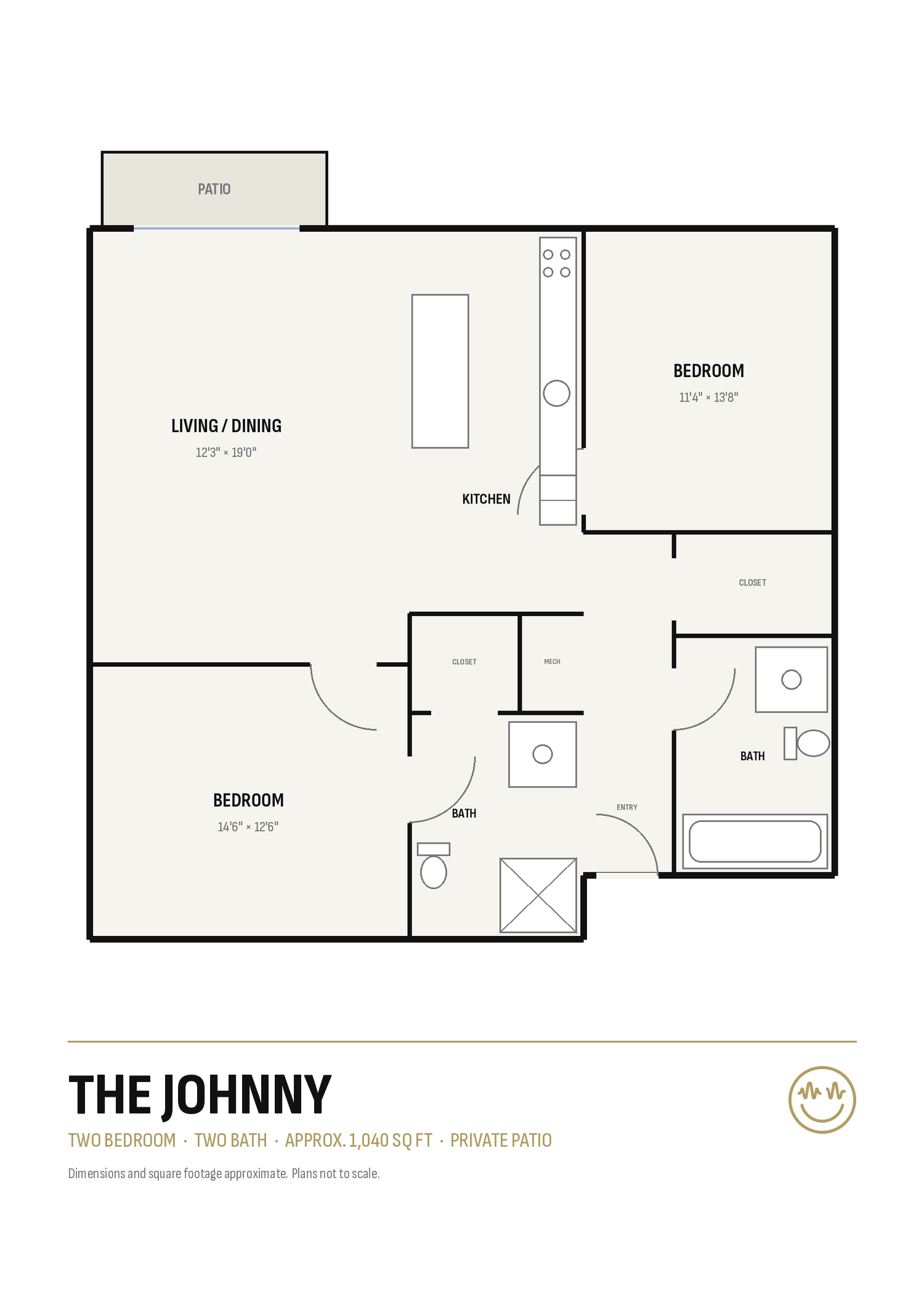 Black-and-white apartment floor plan labeled “The Johnny” with multiple rooms and dimensions