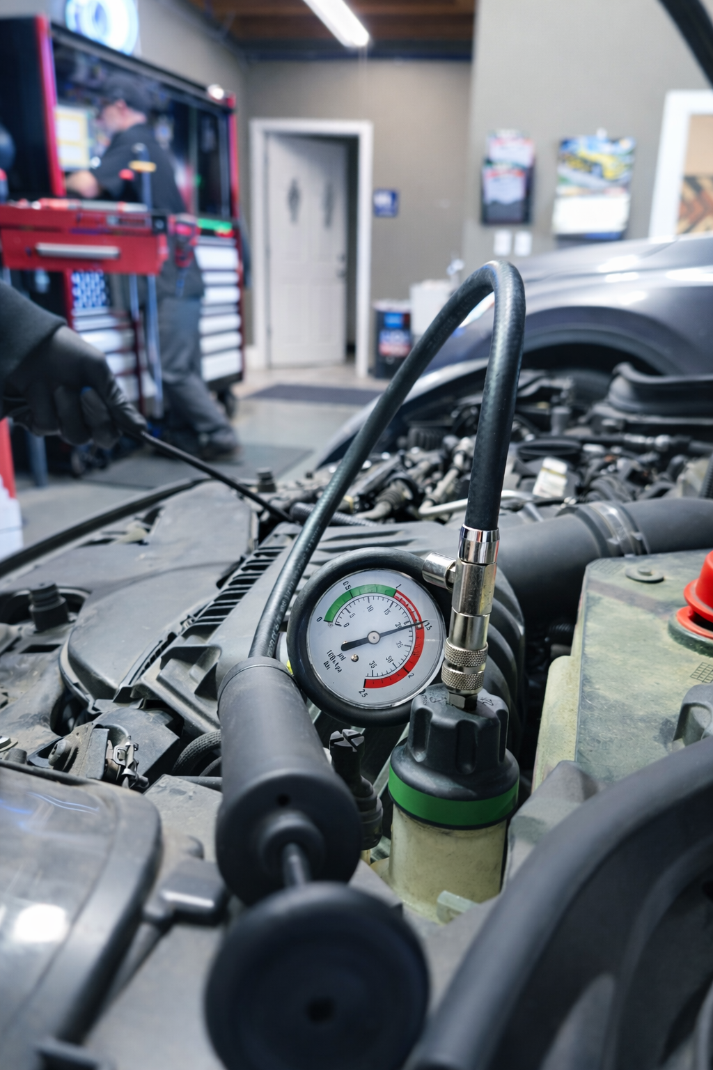 Cooling system pressure test on Mini Cooper engine diagnosing coolant leak in Bend Oregon