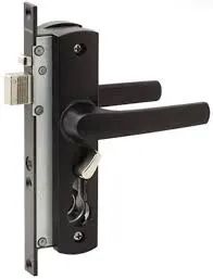 Black Door Locks with Two Handles and A Key on A White Background — Toowoomba Locksmiths in Toowoomba City, QLD