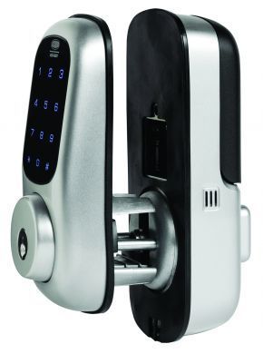 Silver and Black Digital Door Lock with A Key — Toowoomba Locksmiths in Toowoomba City, QLD