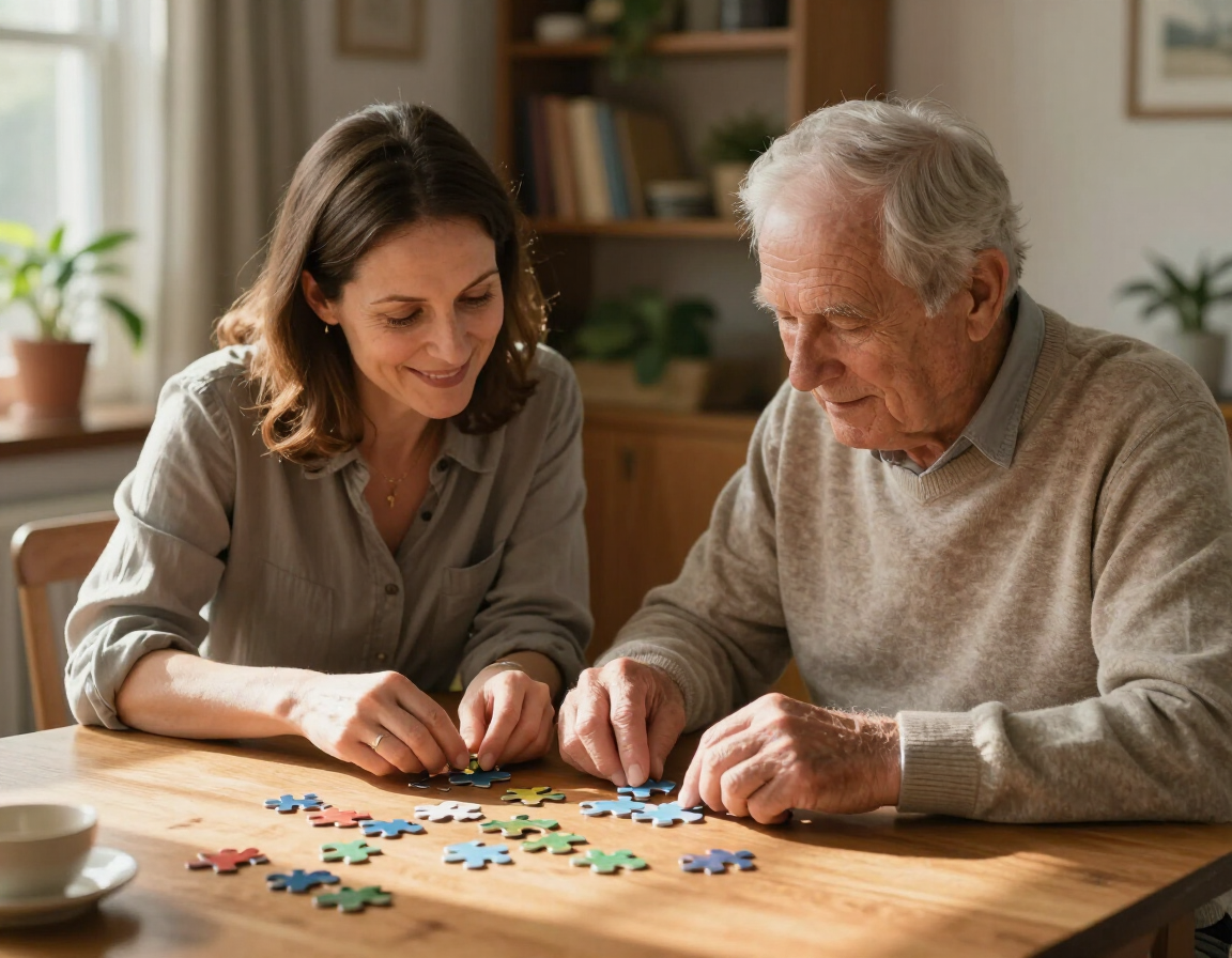 Two people playing a board game at a wooden table in a cozy room