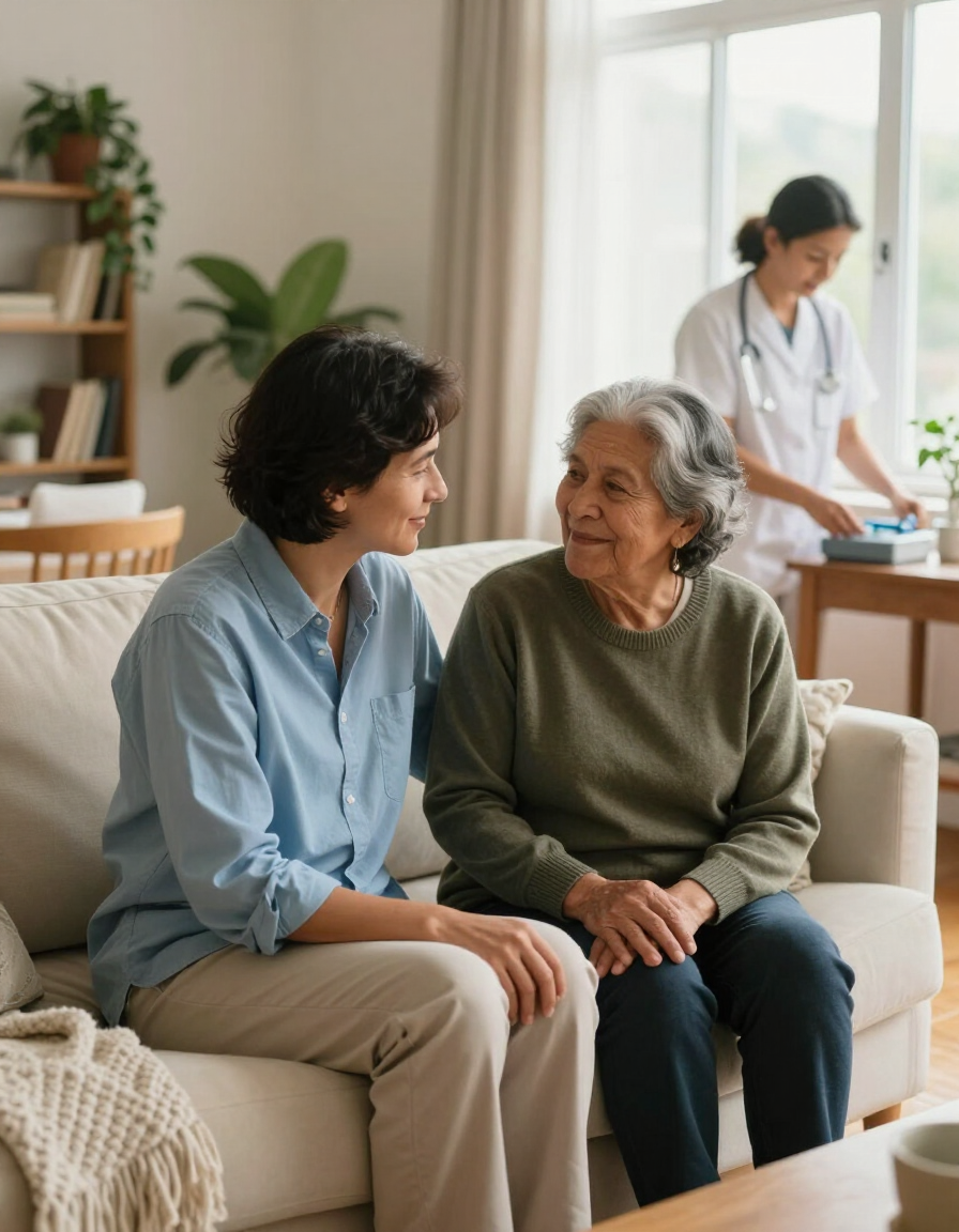 Family caregiver sharing a relaxed moment at home