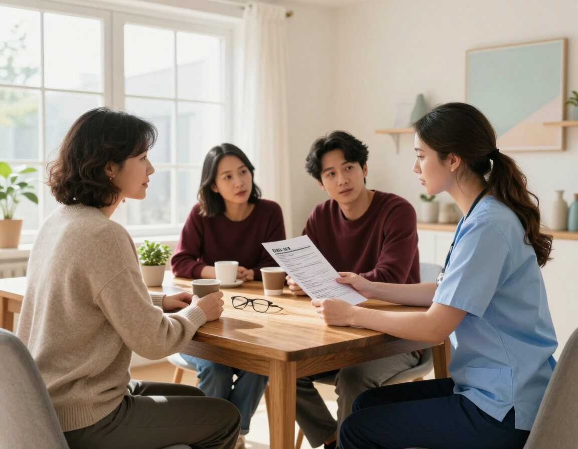 Caregiver reviewing a care plan with client and family
