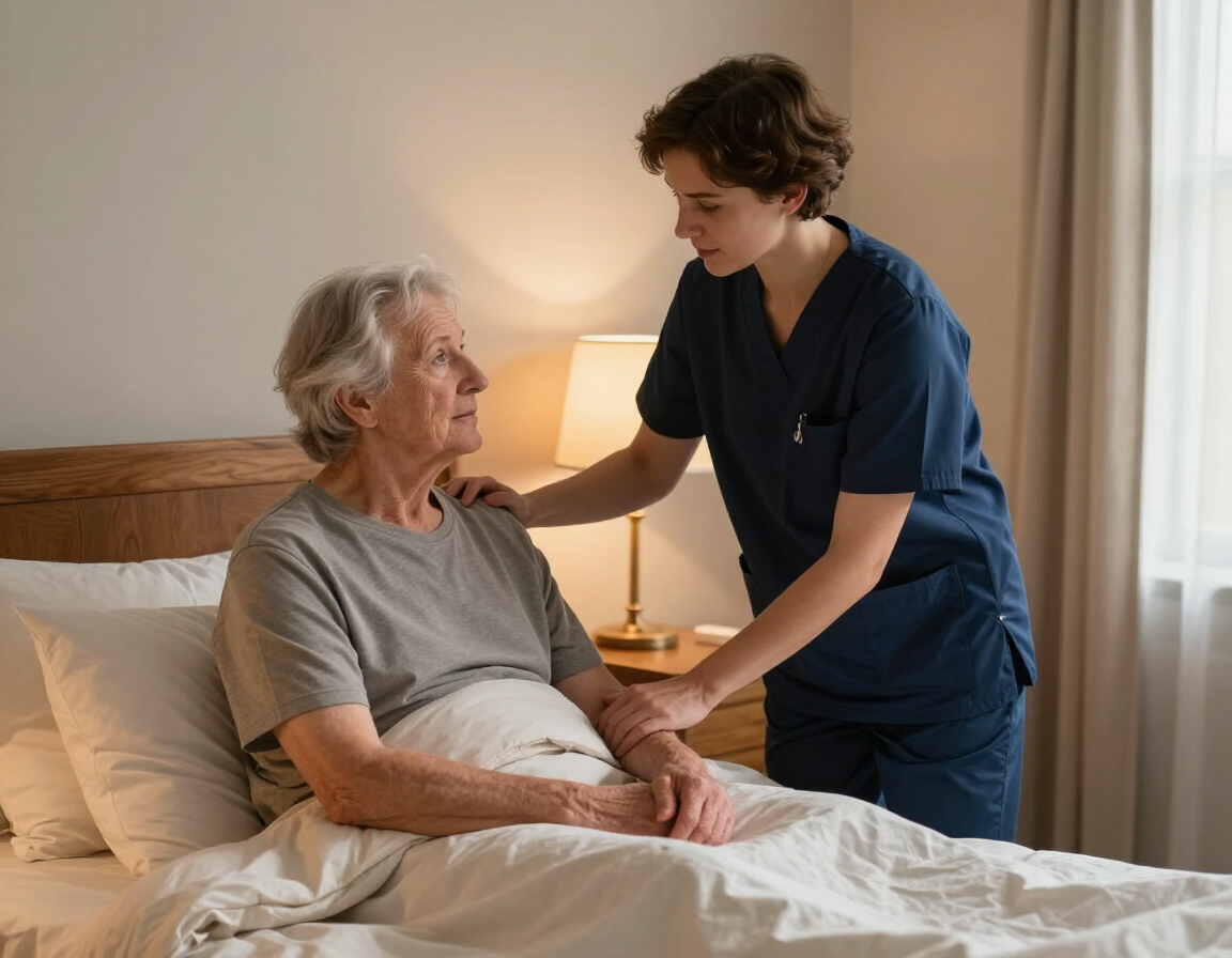 Caregiver in navy scrubs gently comforts an elderly patient sitting up in bed beside a lamp.