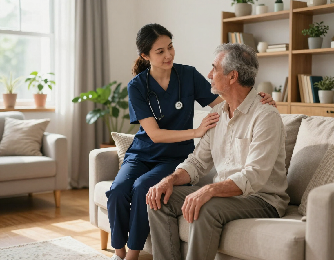 Nurse speaking with a seated patient in a bright living room, offering support and care