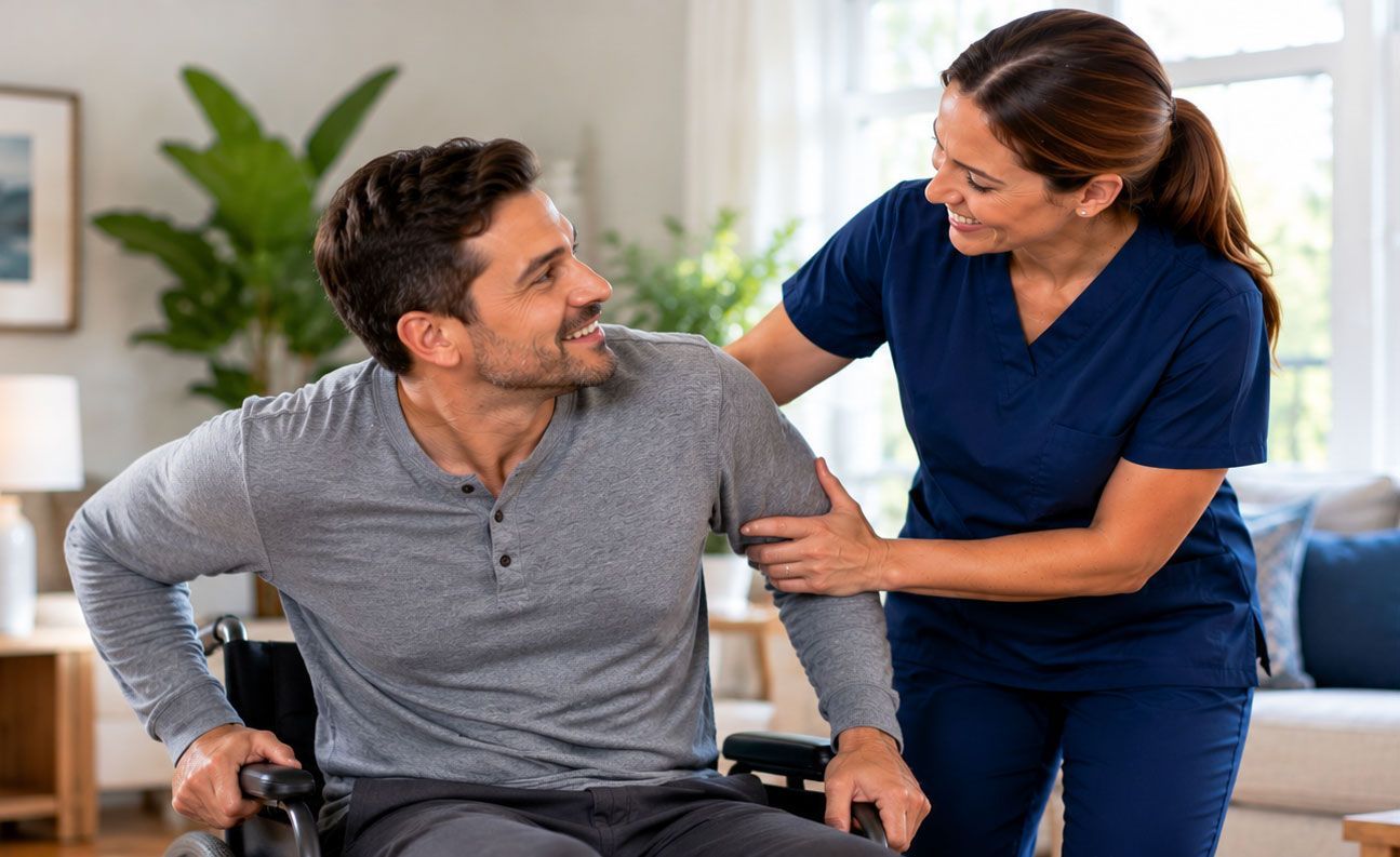 Woman comforting a man in a wheelchair in a bright living room