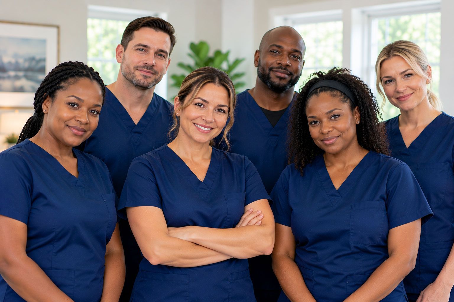 Six medical staff in navy scrubs standing together in a bright clinic office
