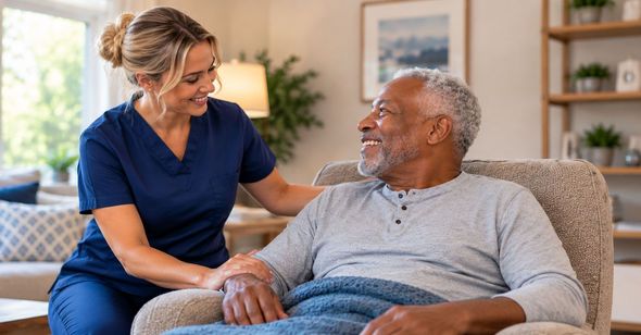 Caregiver gently holds an older man’s hand while they smile on a sofa in a cozy living room