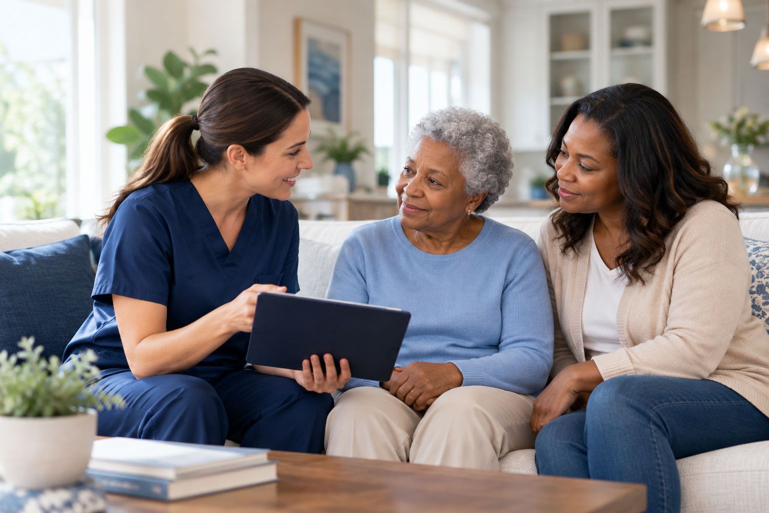 Nurse speaking with client and family member