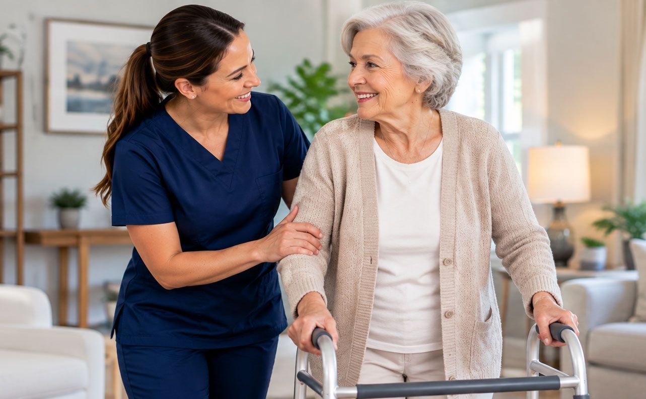 Caregiver in navy scrubs smiles while assisting an older woman with a walker in a bright living room
