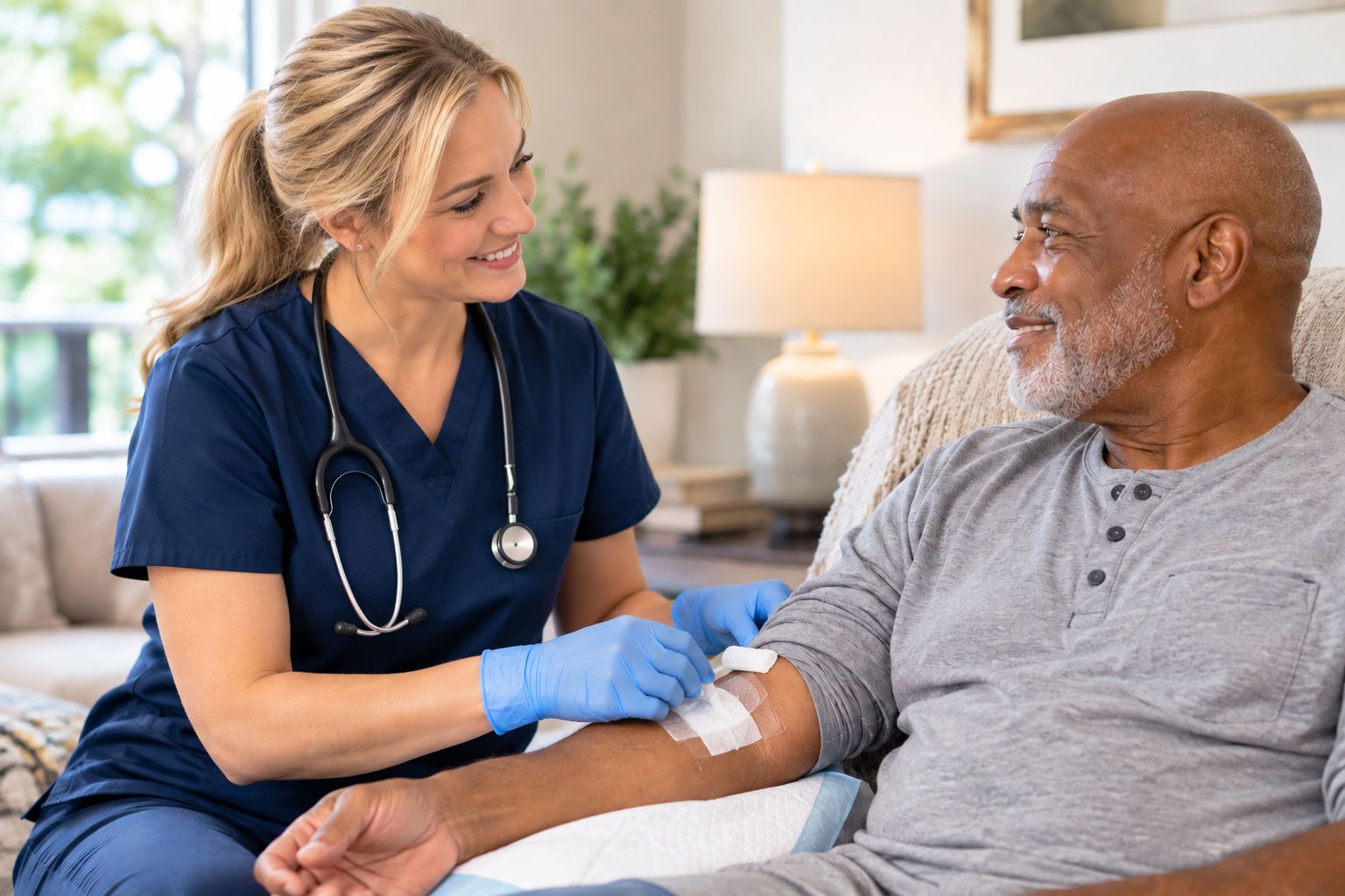 Nurse checking in with a client at home