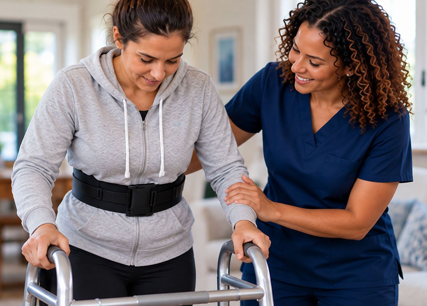 Therapist assisting a patient using a walker in a bright clinic room