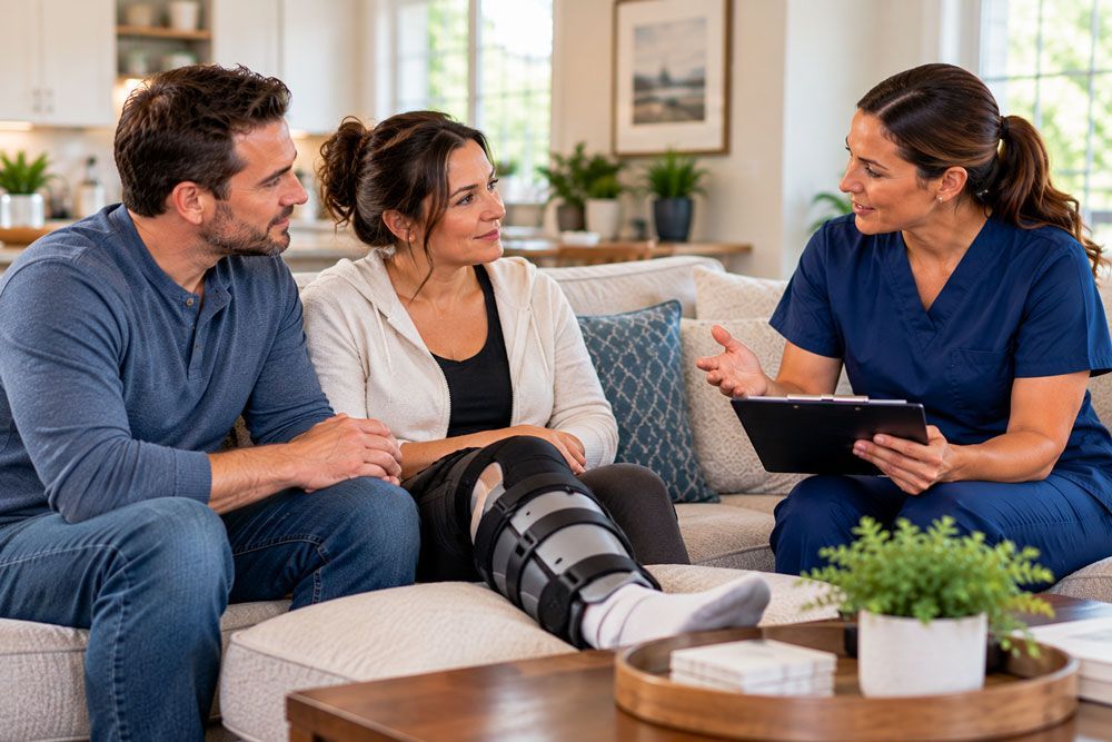 Three people talk on a couch in a living room, one holding a tablet.