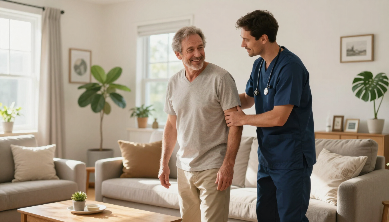 Caregiver in navy scrubs walks with an elderly man in a bright living room, both smiling.