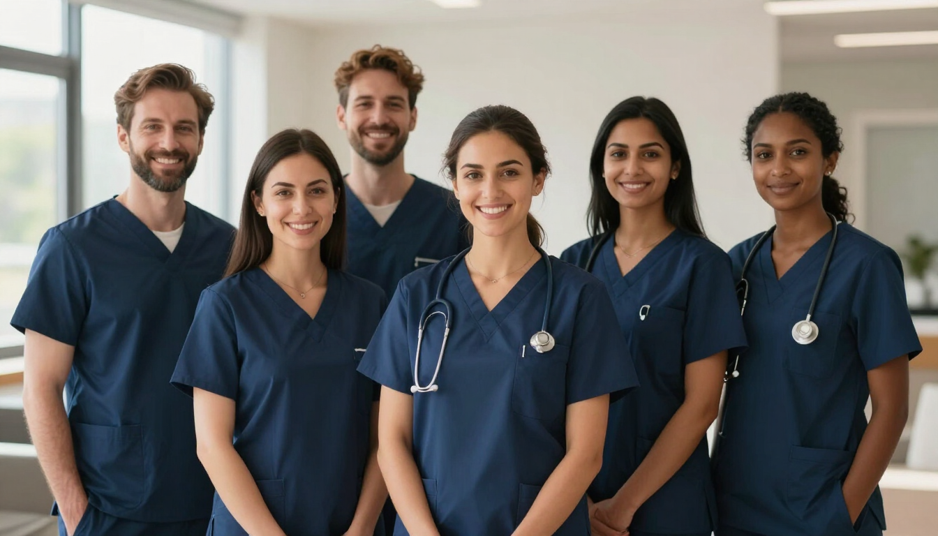 Six healthcare workers in navy scrubs stand together, smiling at the camera.