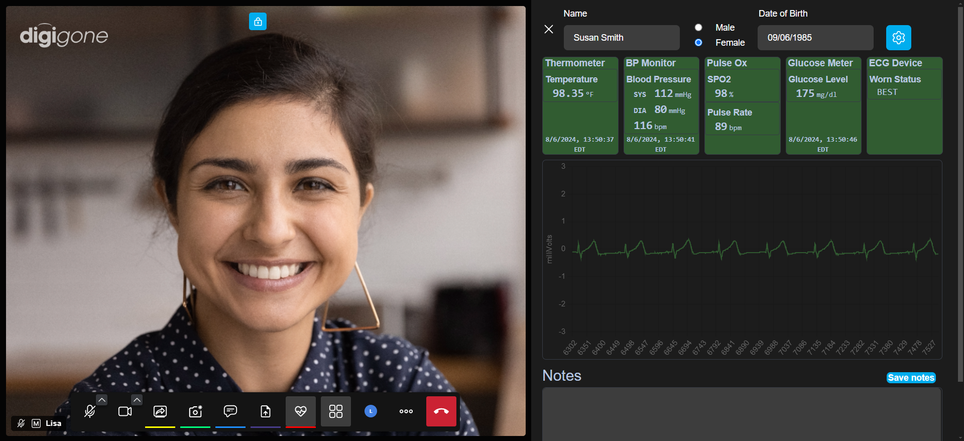 A picture of the digiMed web portal showing a live telemedicine session from the doctor's perspective. On the left, a video pane shows a person's live video feed. On the right, a telemedicine dashboard is shown. The dashboard lists various metrics, including an ECG graph, and numbers from the thermometer and other devices on the kit. The dashboard also lists the patients information (name, sex, and date-of-birth) and an empty notes section for doctor's notes.