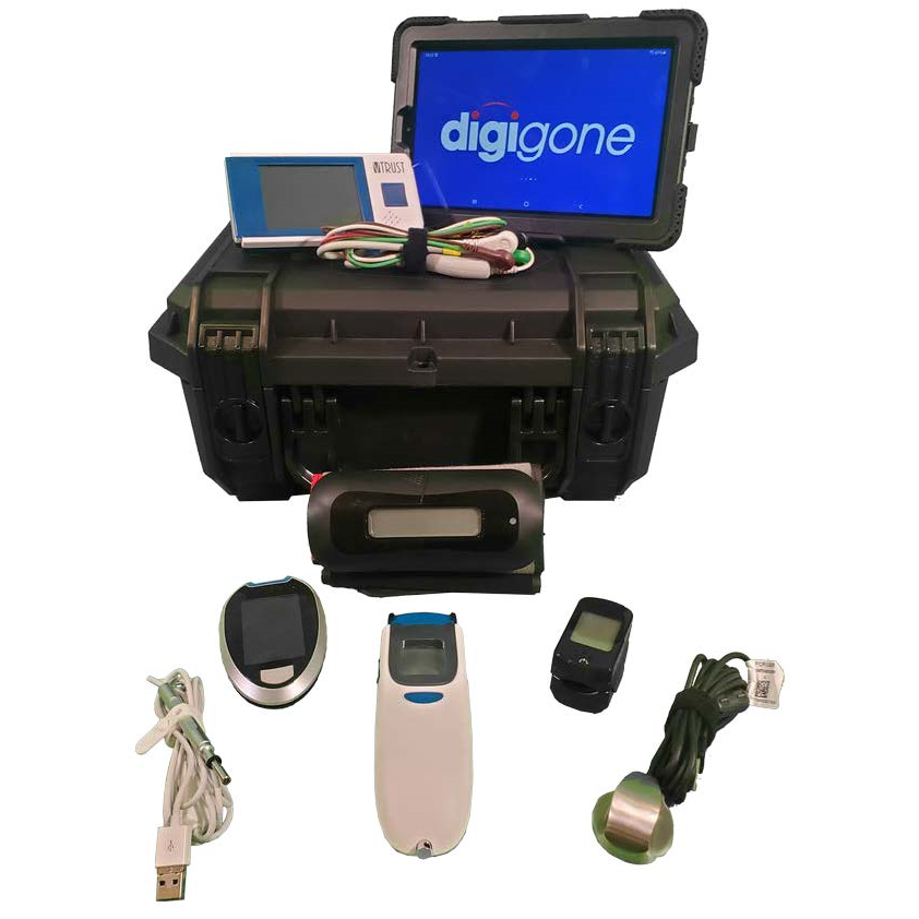 A picture of the digiMed Standard telemedicine kit, with its numerous medical devices, mostly wireless, laid out in front of the kit's case. The following devices are shown: The tablet, an ECG device and its wires, a blood pressure cuff, a blood glucose meter, a wired stethoscope, a thermometer, a pulse oximeter, and a wired stethoscope.