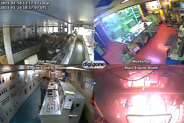 A screenshot of a video camera program showing four cameras on a vessel. Each camera is named after the room or area and there is a time stamp.