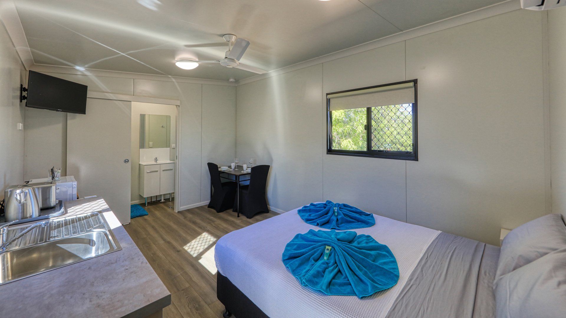 breakfast area inside a caravan.