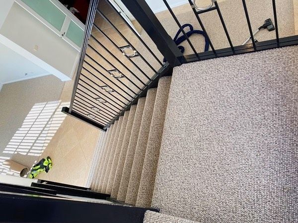 Indoor stairwell with black railing and beige carpet, viewed from above.