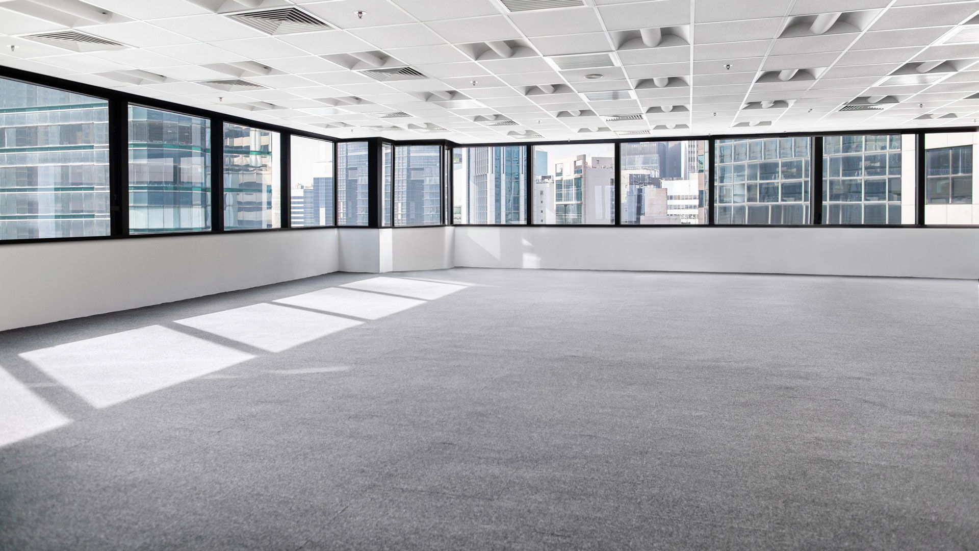 Empty modern office space with large windows, gray carpet, and sunlight streaming in