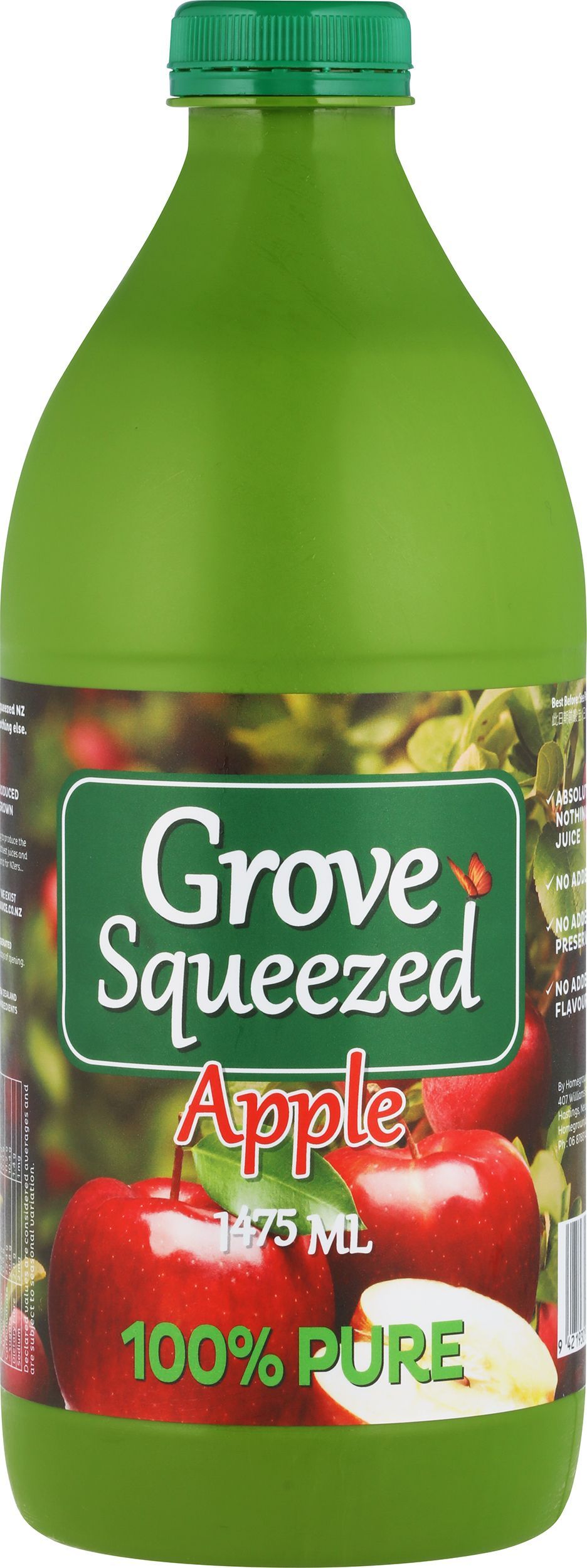 Green bottle of Grove Squeezed Apple 100% Pure juice with fruit label.