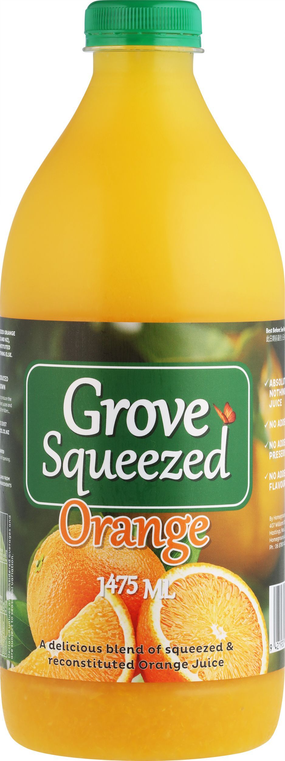 Grove Squeezed orange juice bottle with green cap and label, filled with bright orange juice