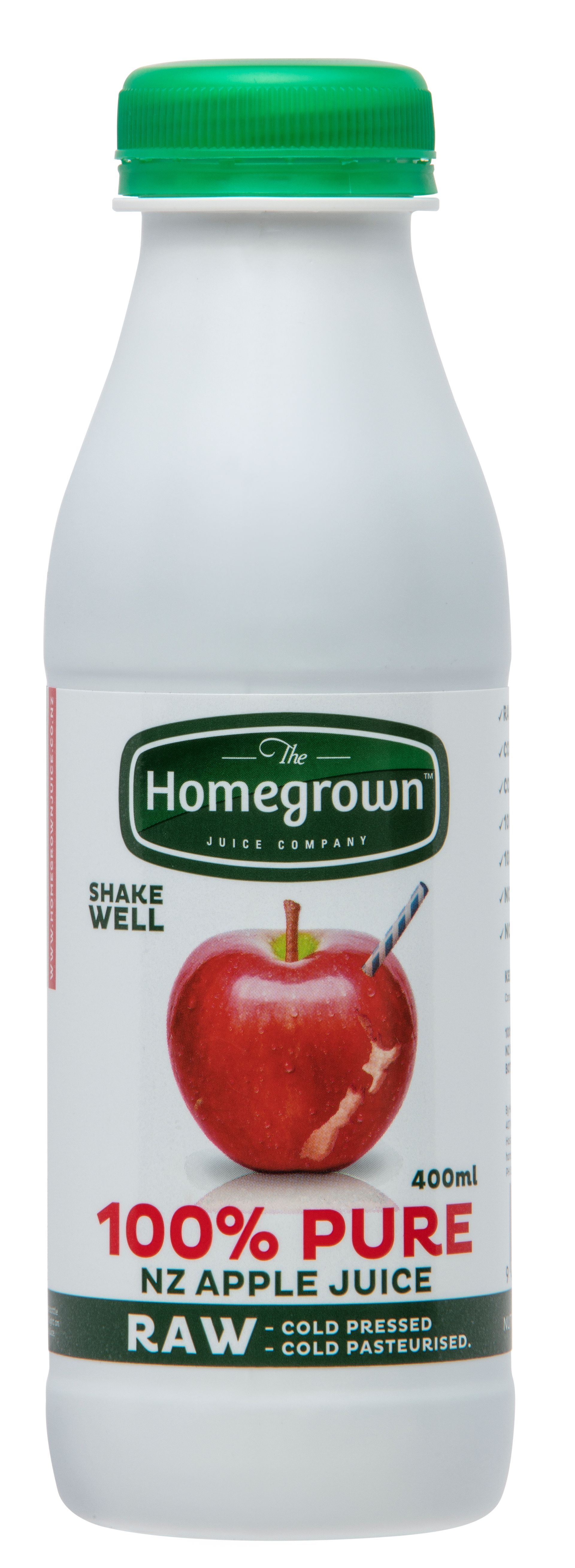Bottle of Homegrown 100% pure red apple juice with green cap and apple label