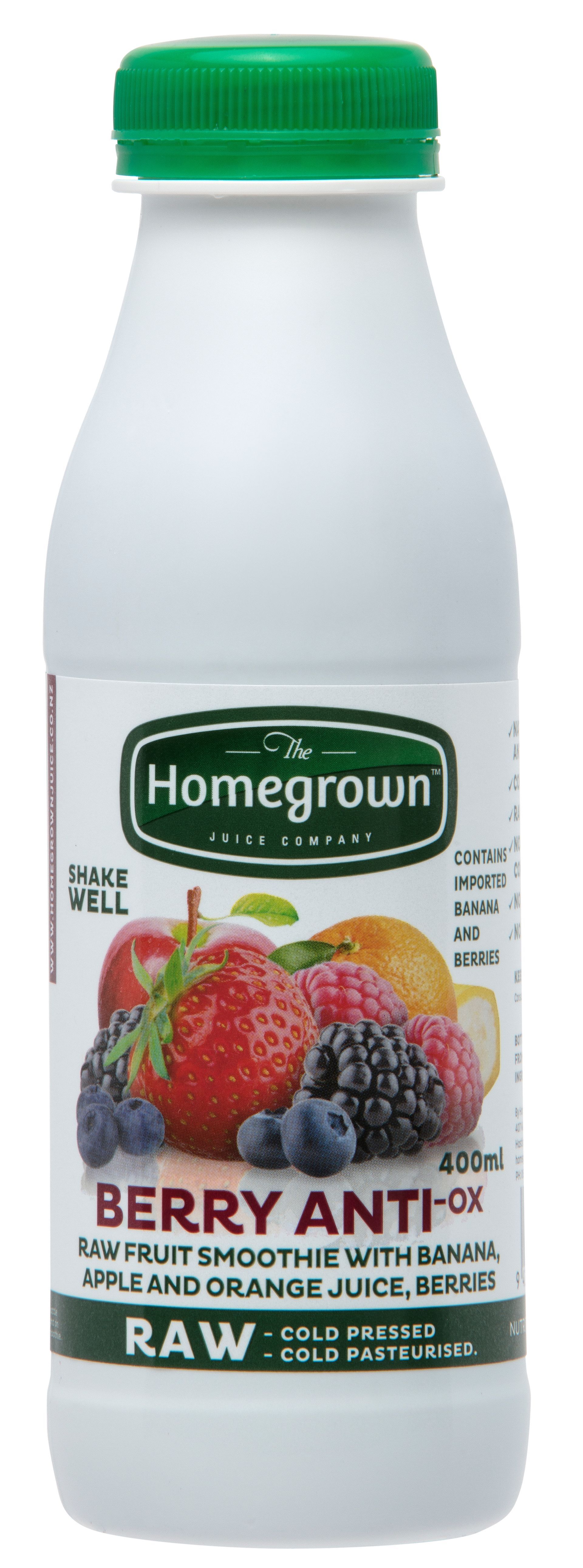 Bottle of Homegrown Berry Antioxidant drink with green cap and berry label