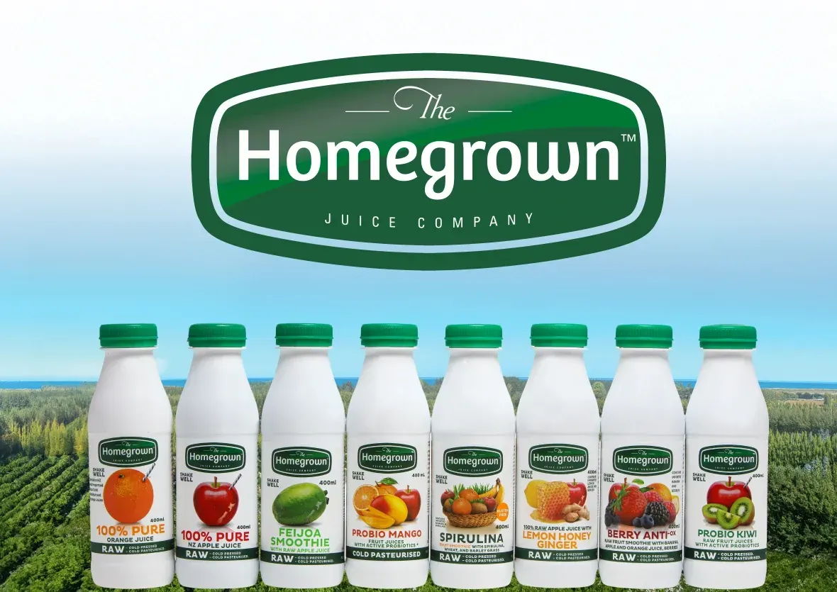 Homegrown Juice Company bottles lined up in a green field with a large green logo above them