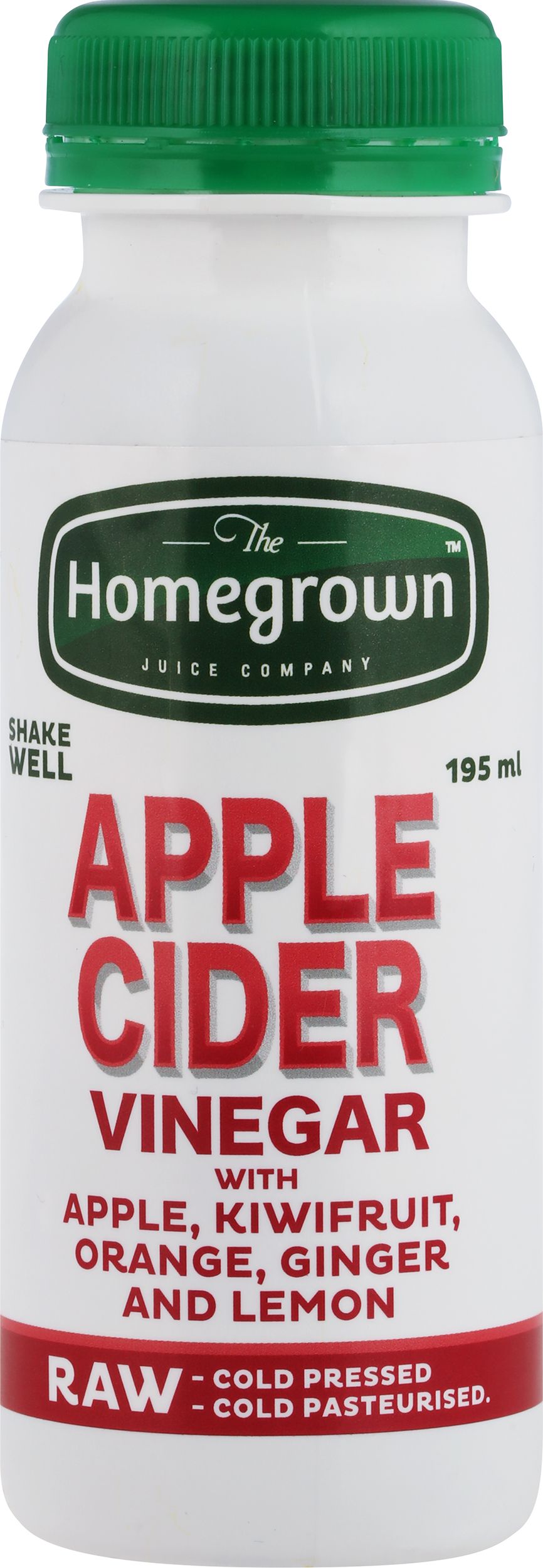 Homegrown apple cider vinegar bottle with green cap and red-and-white label listing apple, kiwi, orange, ginger, and lemon.