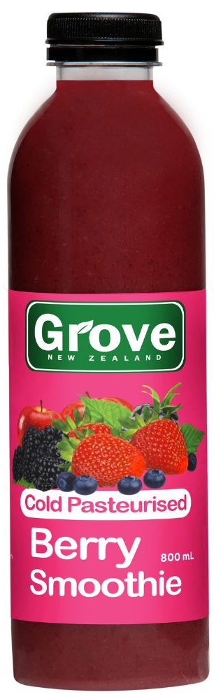 Bottle of Grove cold pasteurized berry smoothie with pink label and black cap