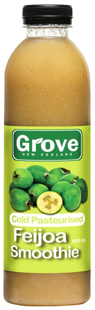 Bottle of Grove Coli Pasteurised Feijoa Smoothie with a green label and feijoa fruit image