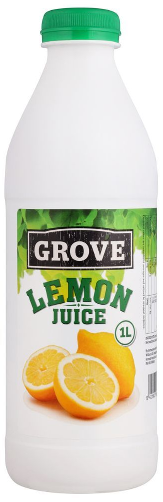 White plastic bottle of Grove Lemon Juice with green cap and lemon slices on the label