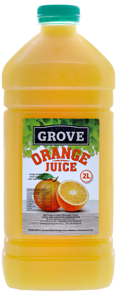 Grove orange juice bottle with green cap and orange label