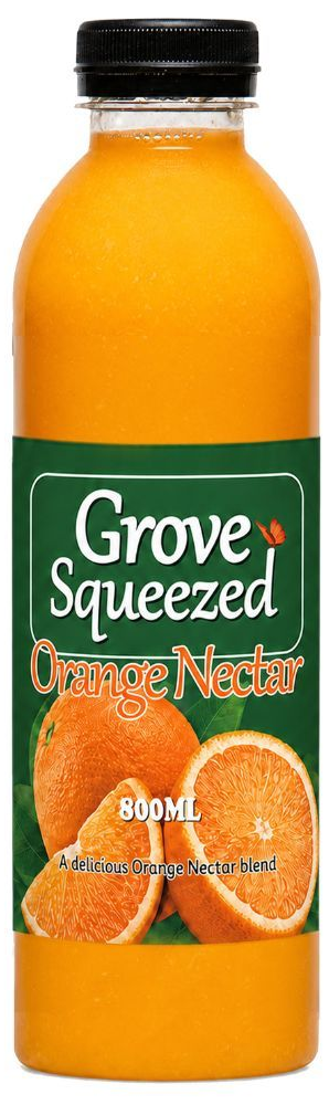 Bottle of orange Grove Squeezed juice with black cap and green label featuring orange slices.