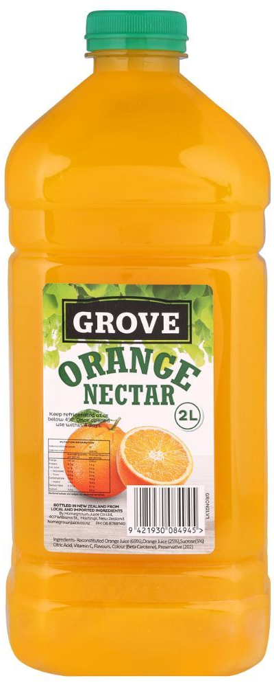 Bottle of Grove Orange Nectar juice with a green cap and orange liquid inside.