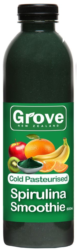 Green Grove Cold Pasteurised Spirulina Smoothie bottle with white and green label.