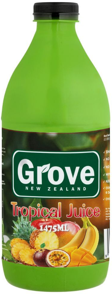 Green Grove New Zealand Tropical Juice bottle with fruit label and black cap