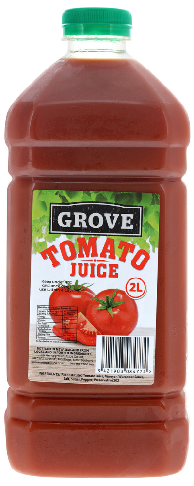 Bottle of Grove tomato juice with green cap and red label, full of red juice.